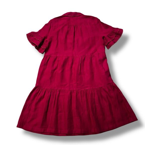 Chico's Linen Midi Dress Size 1 (8) Magenta Tiered Long Ruffle V Neck Pockets - Picture 7 of 11